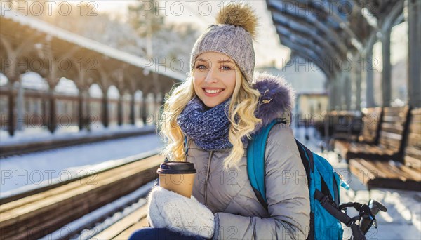 AI generated, A young blonde woman wants to travel and waits for the train at the station, 20, 25,