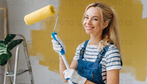 AI generated, woman, woman, a young girl paints a wall with new paint, yellow, yellow, renovation