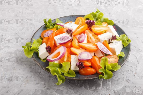 Vegetarian salad with fresh grape tomatoes, feta cheese, lettuce and onion on blue ceramic plate on