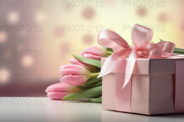 Gift Box with Pink Ribbon Beside bouquet of Fresh Tulips on Bokeh Background. Good for Valentine