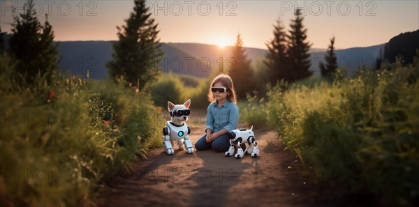 Child in VR glasses with a robot dog in nature. The concept of robotics in children's lives, AI