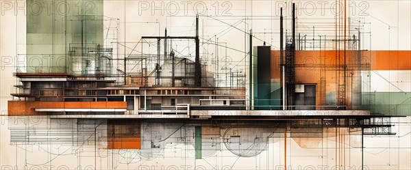 Building design overlaid on architectural blueprints with green and orange accents, horizontal 2