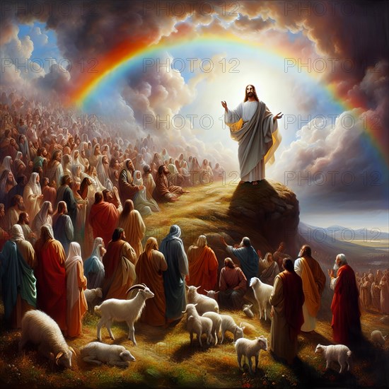Jesus Christ proclaims the Sermon on the Mount, symbolic image myth, religion, saviour,