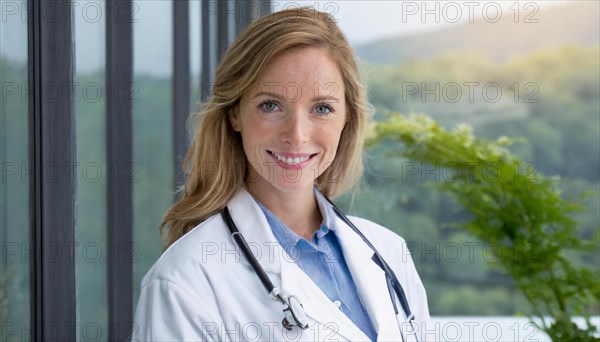 AI generated, A young pharmacist in her pharmacy, portrait, 30, 35, years, female, blonde, blond,