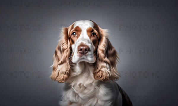 English cocker spaniel young dog posing. white and brown dog or pet playing happy, isolated, AI