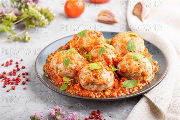Pork meatballs with tomato sauce, oregano leaves, spices and herbs on blue ceramic plate on a gray