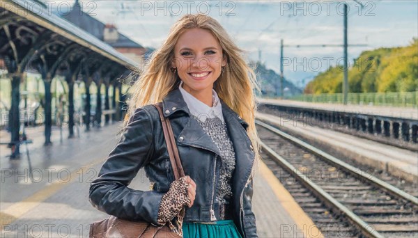AI generated, A young blonde woman wants to travel and waits for the train at the station, 20, 25,