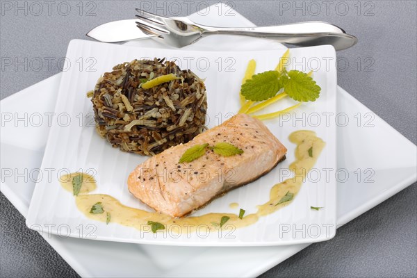 Southern German cuisine, fillet of Dreisam salmon with wild rice and lemon sauce, salmon fillet,