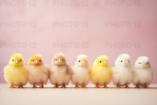 Small Easter chicks in a row on pastel pink studio background with copy space KI generiert,