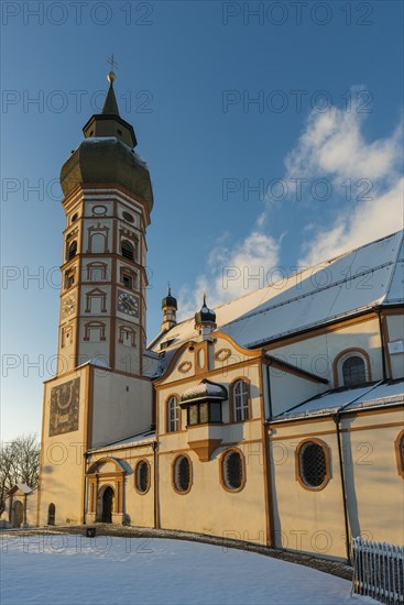 Andechs Monastery in winter, sunset, Fuenfseenland, Pfaffenwinkel, Upper Bavaria, Bavaria, Germany,