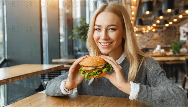 AI generated, human, humans, person, persons, woman, woman, 25, years, sits in restaurant, a