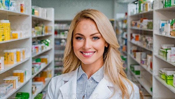 AI generated, A young pharmacist in her pharmacy, portrait, 30, 35, years, female, blonde, blond,