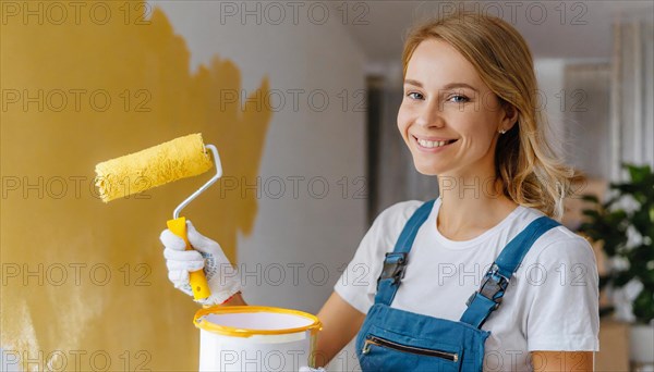 AI generated, woman, woman, a young girl paints a wall with new paint, yellow, yellow, renovation