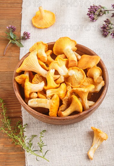 Chanterelle mushrooms in wooden bowl and spice herbs on wooden background with linen textile. side