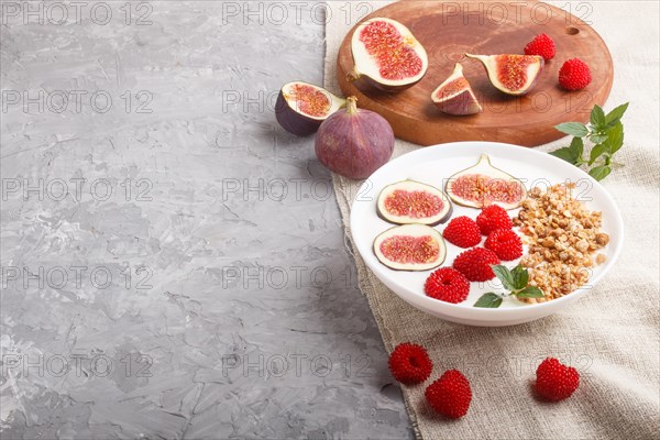 Yoghurt with raspberry, granola and figs in white plate on a gray concrete background and linen