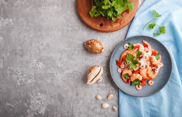 Boiled shrimps or prawns and small octopuses with herbs on a blue ceramic plate on a gray concrete