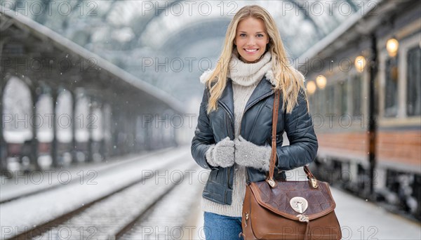 AI generated, A young blonde woman wants to travel and waits for the train at the station, 20, 25,