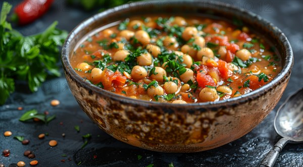 A rustic bowl of Harira Moroccan soup with chickpea and tomato garnished with parsley on a dark