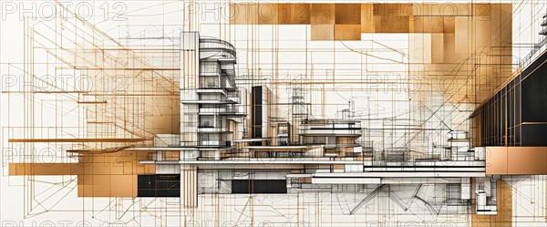 Sepia-toned palette architectural sketches overlaying a 3D building model with abstract lines,