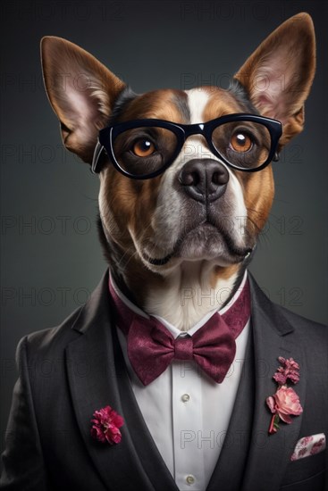Anthropomorphic dog dressed up with glasses and a bow tie, whimsically emulating human fashion,