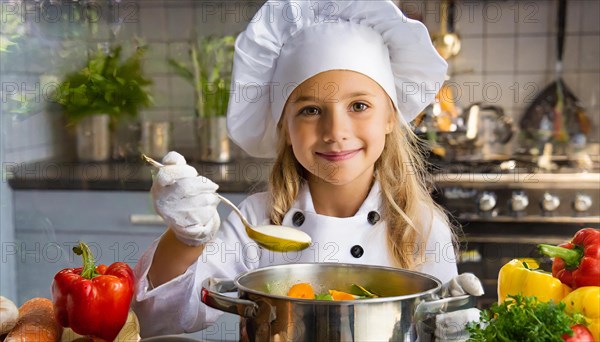 AI generated, human, humans, person, persons, child, children, 8 year old girl cooking a vegetable