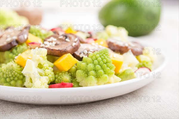 Vegetarian salad from romanesco cabbage, champignons, cranberry, avocado and pumpkin on a white