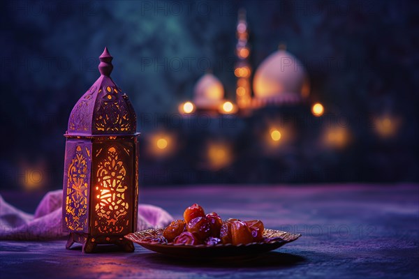 Ramadan lantern with a plate of succulent figs in violet purple tones with mosque, set on an ornate