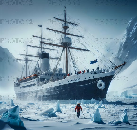 The research vessel of a polar expedition is frozen in the ice off the snow-covered coast of