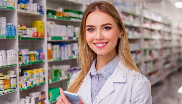 AI generated, A young pharmacist in her pharmacy, portrait, 30, 35, years, female, blonde, blond,