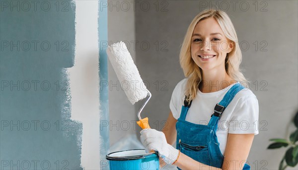 AI generated, woman, woman, a young girl paints a wall with new paint, white, whiter, white,