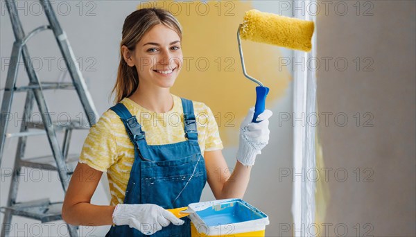 AI generated, woman, woman, a young woman paints a wall with new paint, yellow, yellow, yellowing,
