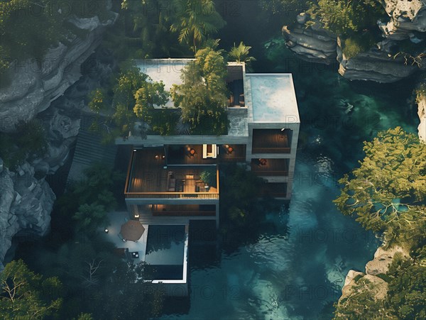 Aerial view of a luxury villa perched on a tropical cliffside with a pool overlooking the ocean,