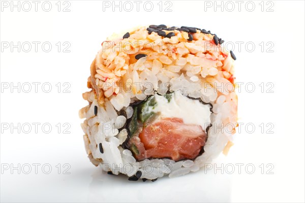 Japanese maki sushi rolls with salmon, sesame, isolated on white background. Side view, close up,