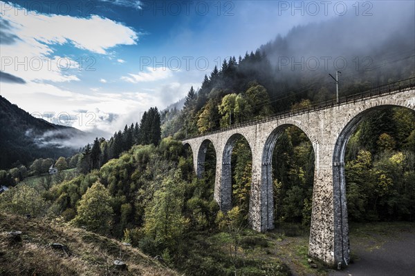Railway bridge in the Ravenna Gorge, Hoellental in autumn, near Freiburg im Breisgau, Black Forest,