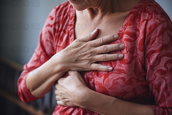 Middle aged woman clutching chest with hands. Heartache or heart attack concept. KI generiert,
