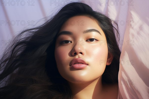 Portrait of beautiful Asian plus size model with round face and long black hair. KI generiert,