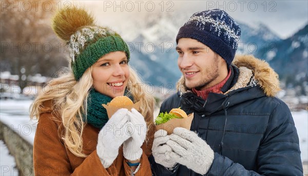 AI generated, human, humans, person, persons, man, woman, woman, 25, 30, years, two, outdoor, ice,