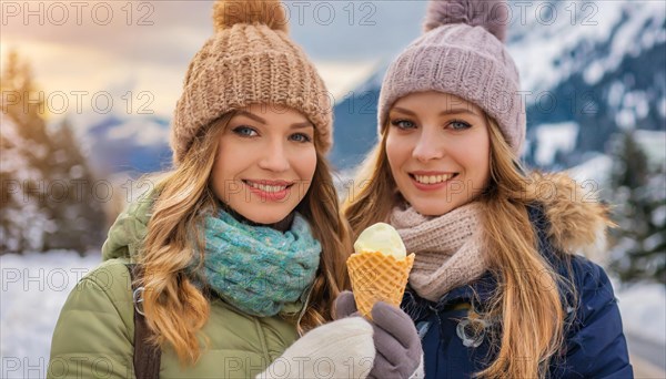 AI generated, human, humans, person, persons, woman, woman, two, 20, 25, years, outdoor, ice, snow,