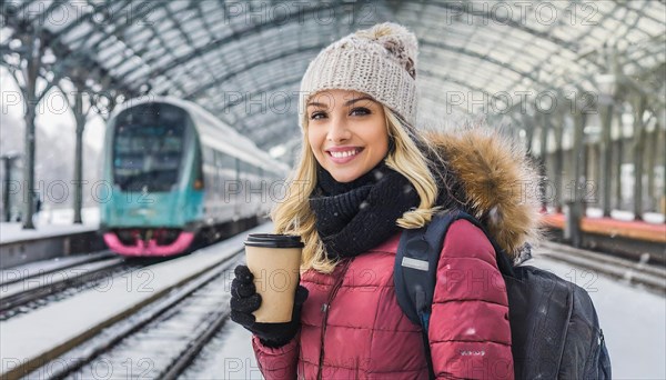 AI generated, A young blonde woman wants to travel and waits for the train at the station, 20, 25,