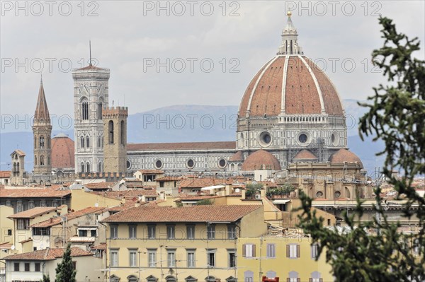 City panorama with Santa Maria del Fiore Cathedral, view from Monte alle Croci, Florence, Tuscany,