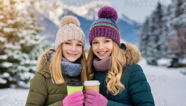 AI generates, human, humans, person, persons, child, children, girl, two, 15, years, outdoor, ice,