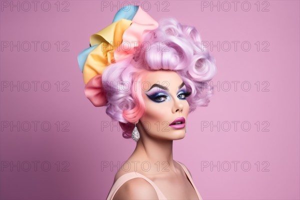 Portrait of drag queen with colorful hair on pastel pink background. KI generiert, generiert AI