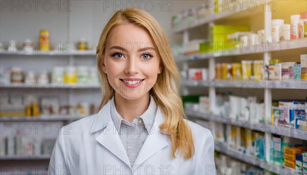 AI generated, A young pharmacist in her pharmacy, portrait, 30, 35, years, female, blonde, blond,