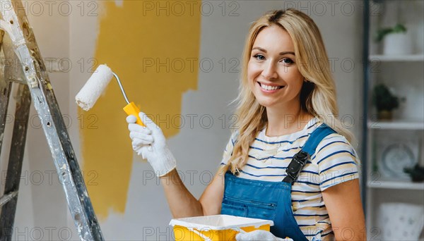 AI generated, woman, woman, a young girl paints a wall with new paint, white, white, renovation of