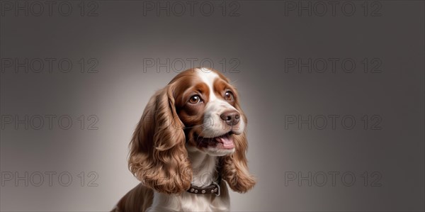 English cocker spaniel young dog posing. white and brown dog or pet playing happy, isolated, AI