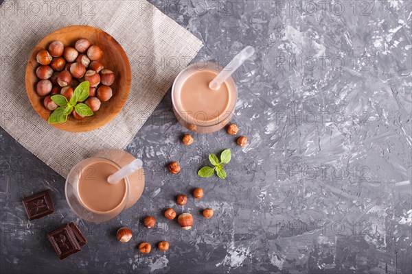 Organic non dairy hazelnut chocolate milk in glass and wooden plate with hazelnuts on a gray