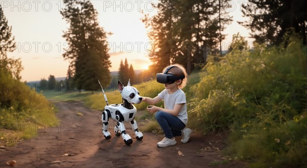 Child in VR glasses with a robot dog in nature. The concept of robotics in children's lives, AI