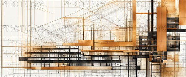 A linear architectural blueprint with an overlay of a modern design in sepia tones, horizontal