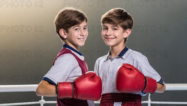 AI generated, boy, boys, 8, 10, years, Thai, sport, boxing, gloves, Thai boxing, Muay Thai, two