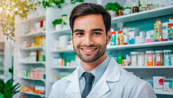 AI generated, A young pharmacist in his pharmacy, portrait, 30, 35, years, man, men, male, bearded,